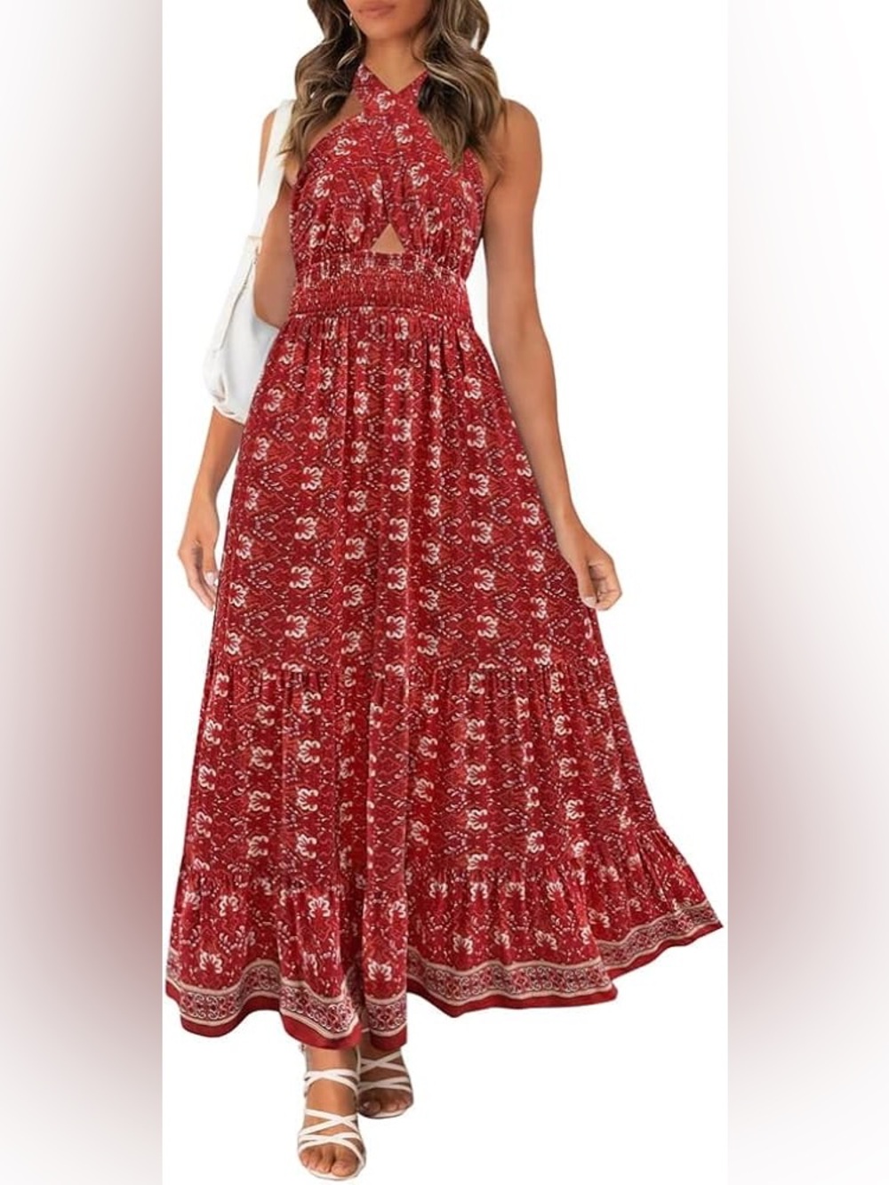 Sleeveless Red Halter Floral Maxi Dress